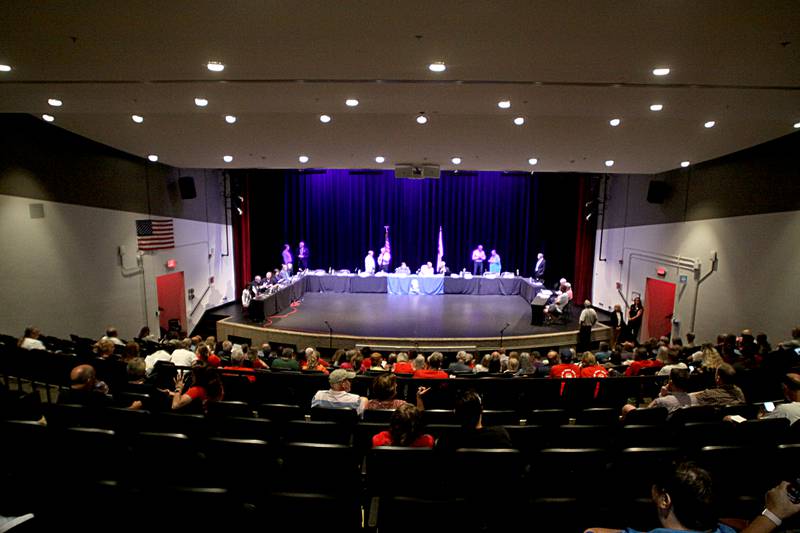 The McHenry City Council on Monday, Aug. 7, 2023, addressed a Jack Pease proposal to mine 110 acres at Route 120 and Chapel Hill Road. The meeting was held in McHenry High School’s Upper Campus auditorium.