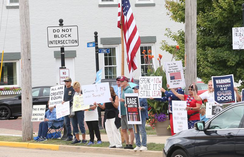 Traffic moves along North Main Street at protesters hold signs during A "Workers Over Billionaires." protest on Saturday, Aug. 30, 2025 at Rotary Park in Princeton. It's sponsored by Indivisible Bureau County. 
"Workers Over Billionaires" protests are held in towns and cities across the country this Labor Day weekend.
