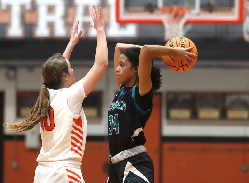 Woodstock North’s Jaida Collins looks for an option in varsity girls basketball on Monday, Jan. 26, 2026, at Crystal Lake Central High School in Crystal Lake.