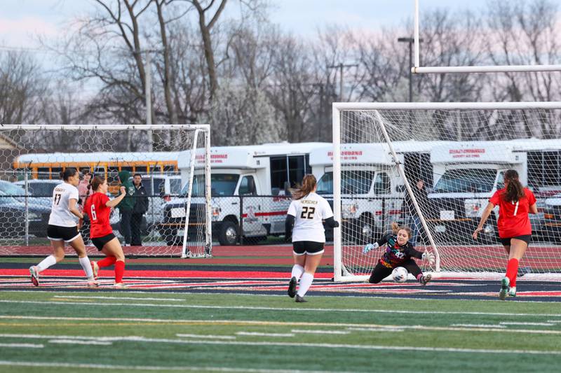 Herscher goalkeeper Addie Wilkins reaches for the ball as Bradley-Bourbonnais' Lilly Argyelan (6) scores during the Boilermakers' 4-3 victory on Monday, April 6, 2026.