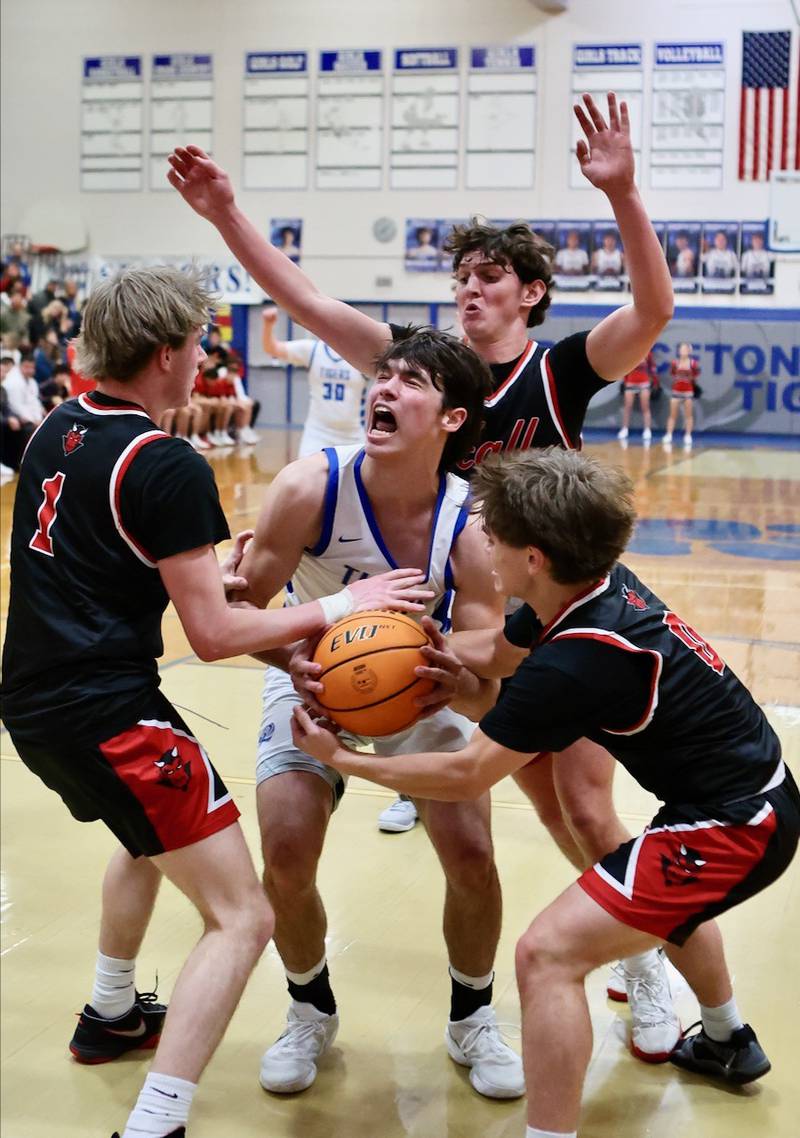 Hall's Wyatt West (1) and Greyson Bickett (right) tie up Princeton senior Noah LaPorte in the second half during Friday's Senior Night game against Hall. The Tigers won 51-29.