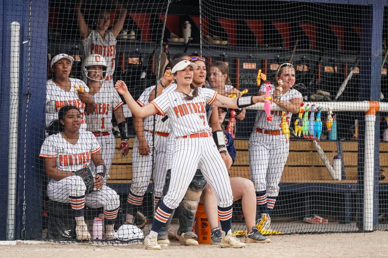 Oswego players react to a close play against Yorkville during a softball game at Oswego High School on Thursday, May 15, 2025.