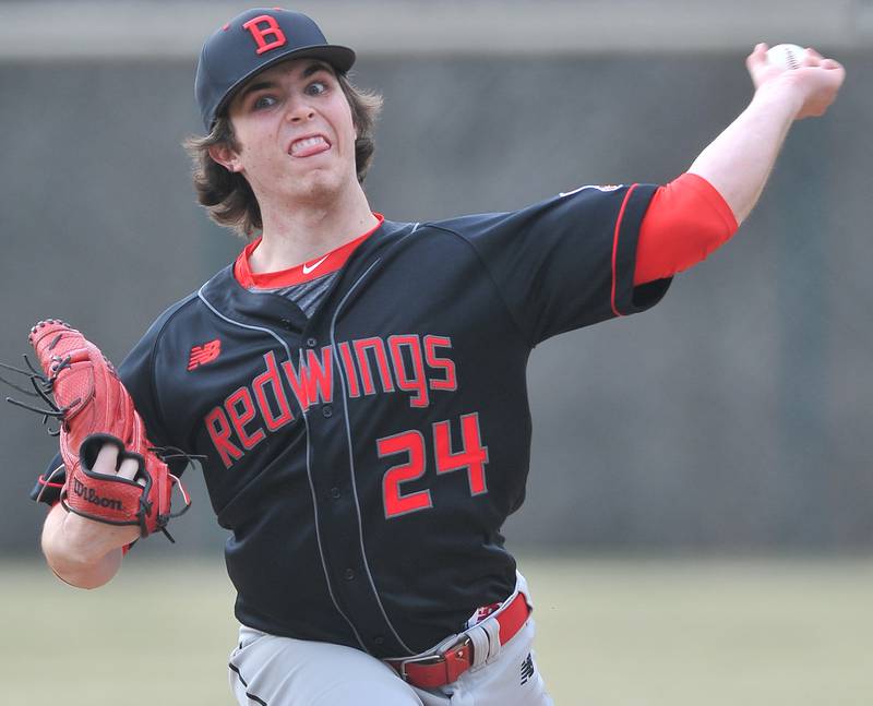 Benet starting pitcher Max Babich delivers to a Nazareth batter during a game on Apr. 12, 2022 at Nazareth Academy in LaGrange Park.
