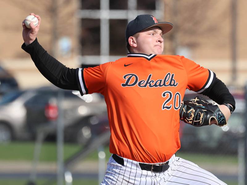DeKalb's Hunter Kriese delivers a pitch Monday, April 20, 2026, during their game against Waubonsie Valley at DeKalb High School.