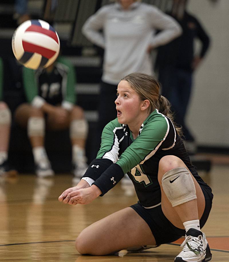 Rock Falls’ Sophia Moeller passes the ball against Chicago Christian Friday, Nov. 3, 2023 in the class 2A volleyball supersectional in Sandwich.