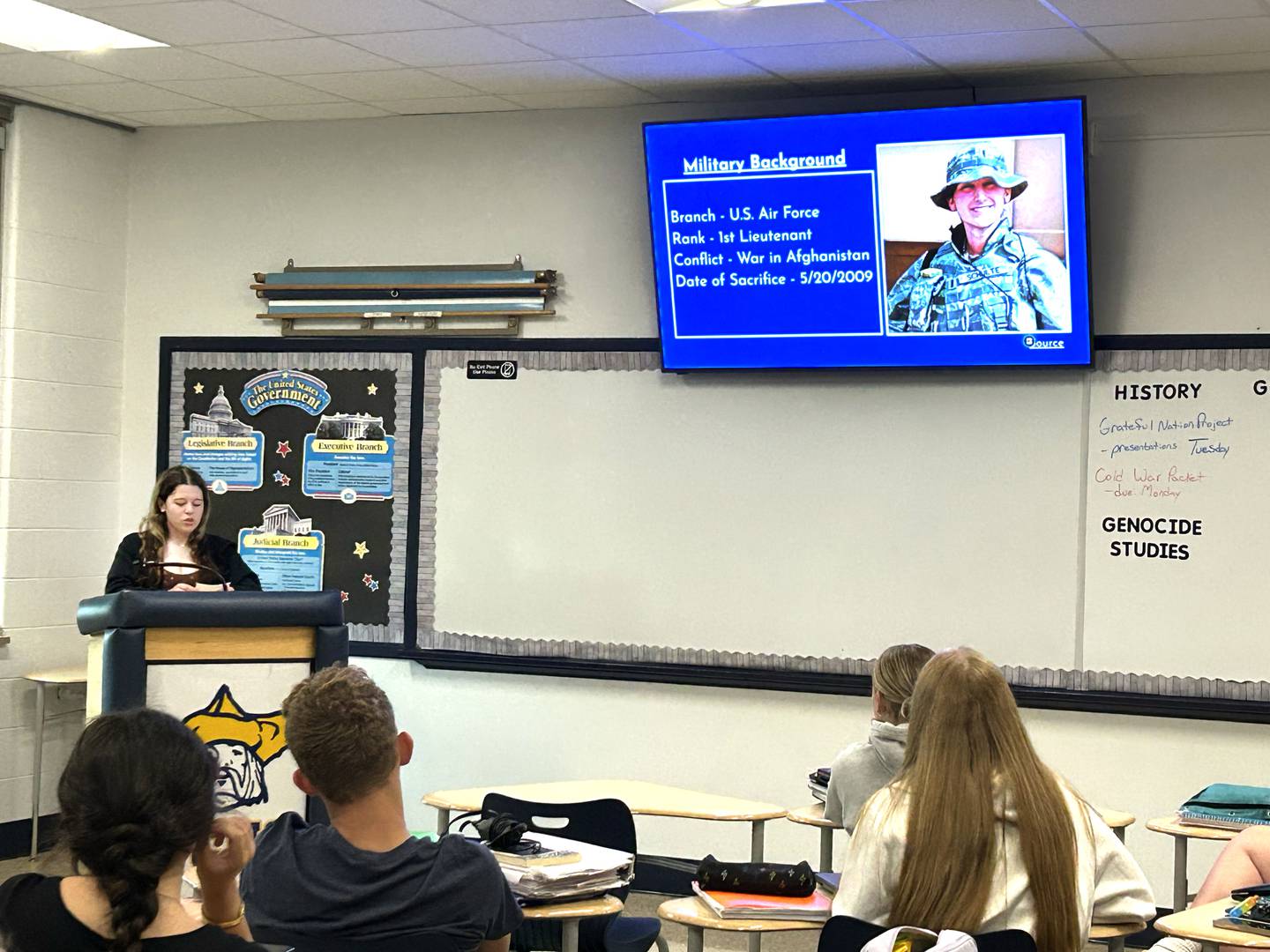 Polo High School Junior Lydia Anderson, (left) talks about Rosalyn L. Schulte, 25, of St. Louis, Missouri, on Thursday, May 15, 2025. Schulte was the first United States Air Force Academy’s female graduate to be killed in action in 2009.