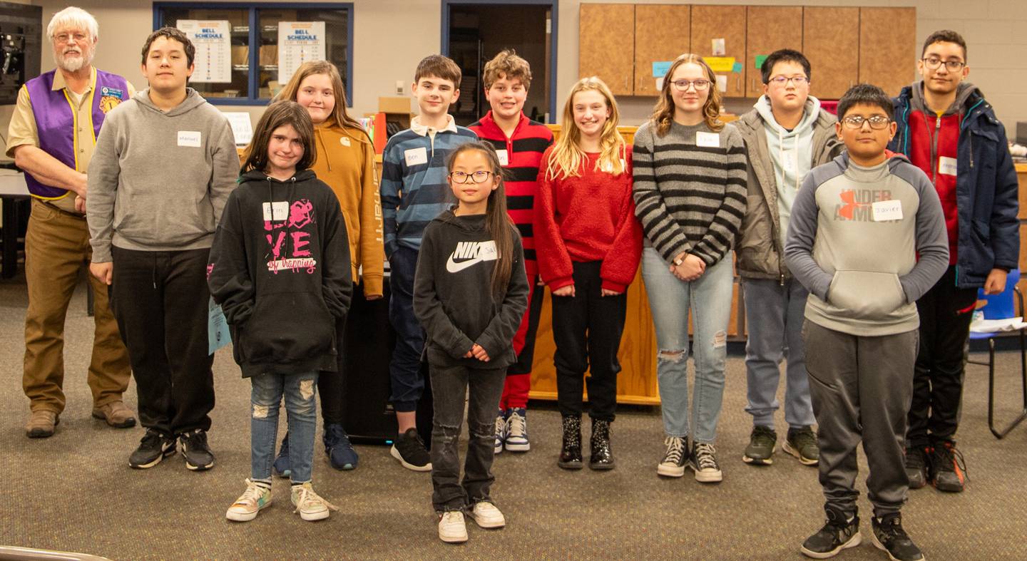 Genoa-Kingston School District Scripps Spelling Bee participants (back row, from left): Genoa Lions Club President Mike Dreska, Manuel Palestina, Kaelynn Williams, Ben Marlin, Kolton Robinson, Brynne Vermillion, Lyla McKee, Aaron Yang, Anthony Torres (front row) Erin Koeppen, Sally Yang, and Javier Cortes
