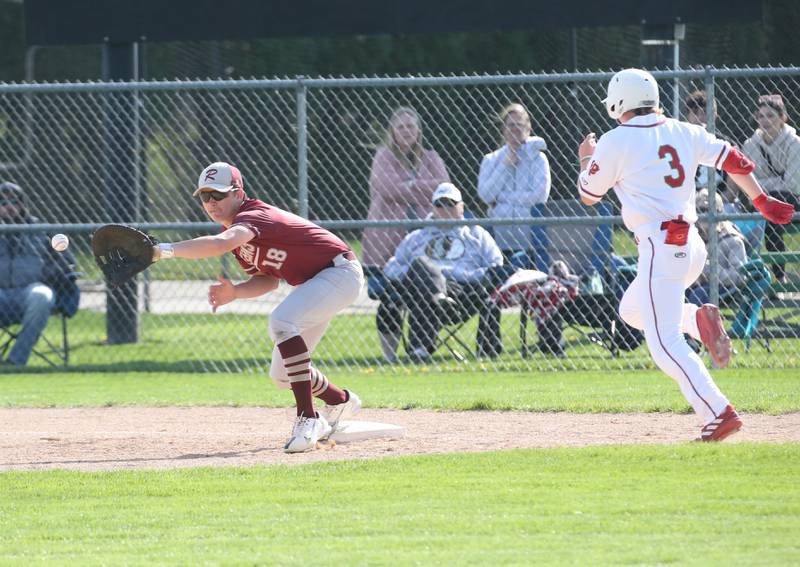 Morris's Landon VanDyke makes a catch at first base to force out L-P's Mason Lynch on Friday, April 21, 2023 at Dickinson Field in Oglesby.