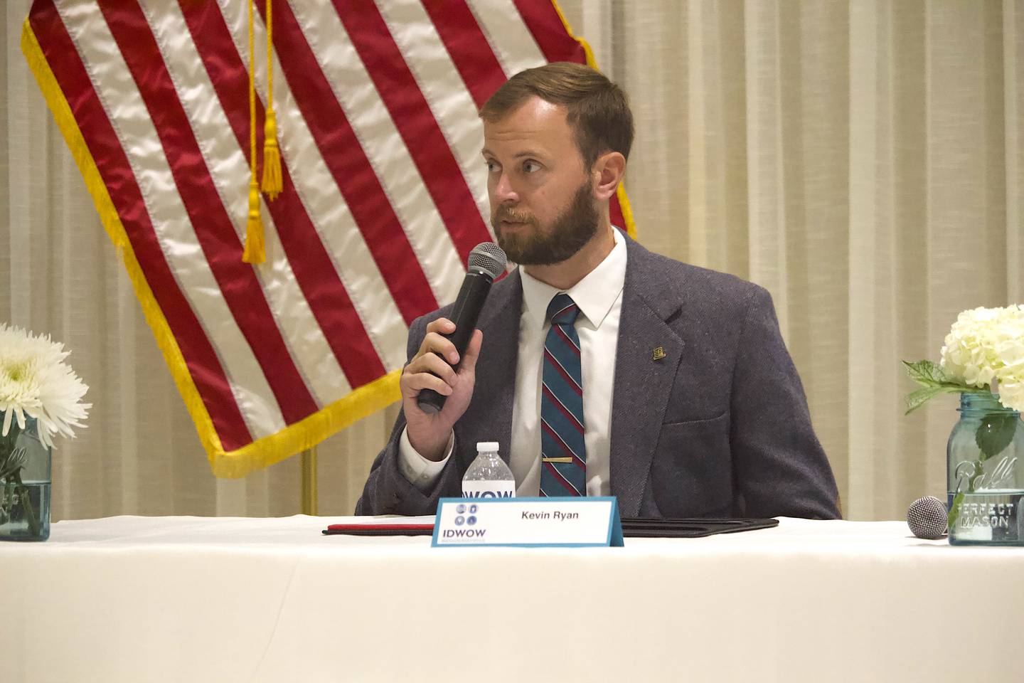 Kevin Ryan, a candidate for outgoing U.S. Sen. Dick Durbin's seat, speaks at the Democratic U.S. Senate forum at the International Brotherhood of Electrical Workers in Joliet on Sunday, Sept. 14, 2025.