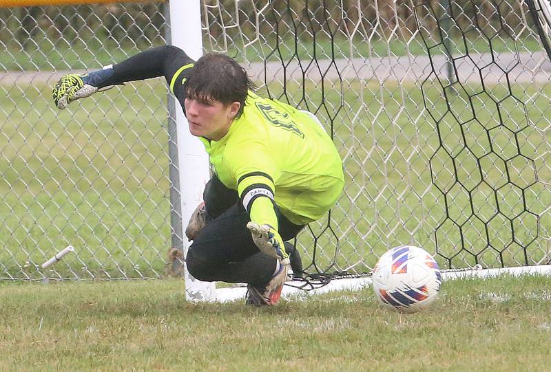 Earlville keeper Landen Tirevold misses a stop as the ball rolls into the goal while playing Serena on Wednesday, Sept. 3, 2025 at Serena High School.