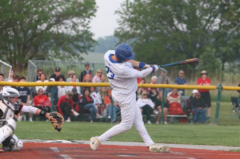 Burlington Central's Jake Johnson takes a swing against Benet at the Class 3A Kaneland Sectional Semi Final on Thursday, June 5, 2025 in Maple Park.