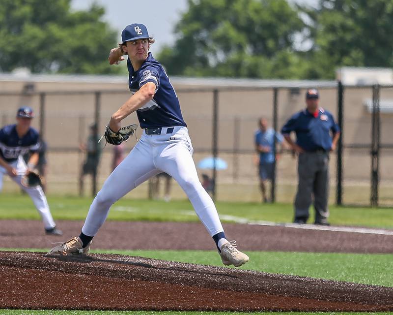 Oswego East's Griffin Sleyko (21) delivers a pitch during Class 4A Romeoville Sectional final game between Oswego East at Oswego.  June 3, 2023.