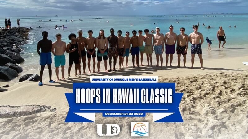 Grady Thompson (far right) of Princeton and the University of Dubuque Spartans are playing in the Hoops in Hawaii Classic this week. Thompson will share his experiences with the BCR in a journal.