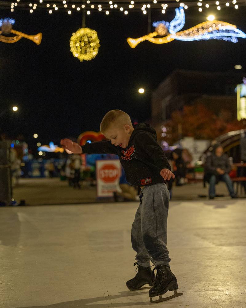 Matt Osbourne wobbles on skates at Frosty on First on Friday, November 7, 2025 on First Street in La Salle.