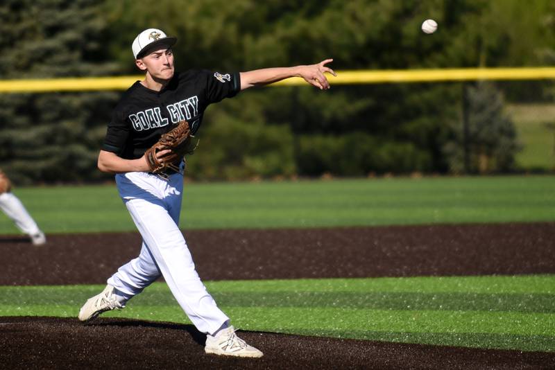 Coal City's Connor Henline throws a pitch during a game at Reed-Custer Tuesday, May 6, 2025.
