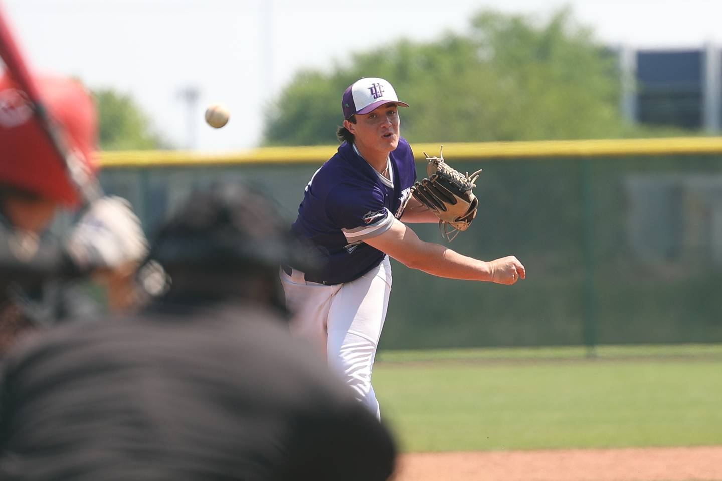 JJC’s Jack Otis delivers a pitch in relief against Owens (OH) in game three of the NJCAA Division III District Championships at Joliet Junior College on Saturday, May 20, 2023, in Joliet.