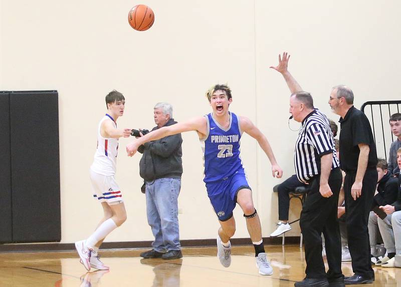 Princeton's Noah LaPorte reacts in the closing seconds of the game against Morrison  during the Class 2A Regional final game on Friday, Feb. 23, 2024 at Erie-Prophetstown High School.