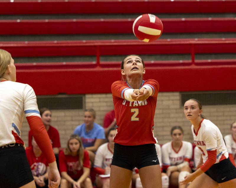 Meredith Waldron (2) of Ottawa hits volleyball on Thursday, Sept. 18, 2025 at Ottawa High School in Ottawa.