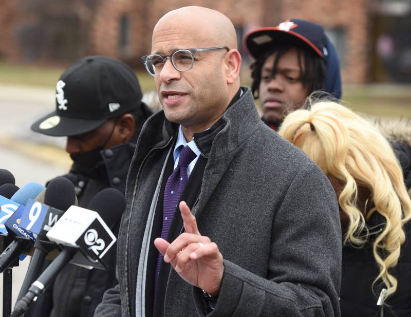 Civil rights attorney Andrew M. Stroth conducts a press conference on Monday, Feb. 4, 2024 for the family of Isaac Goodlow III who was shot and killed by Carol Stream police officers over the weekend.