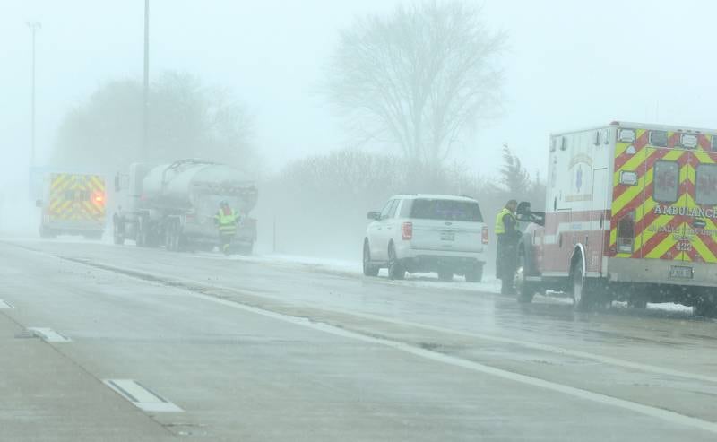 Utica and La Salle EMS along with La Salle Fire work the scene of a crash in the southbound lane of Interstate 39 near the Interstate 80 interchange on Monday, March 16, 2026 near La Salle.