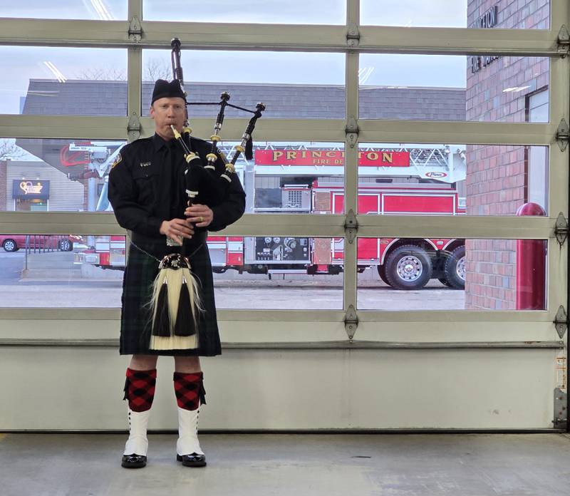 A bigpiper performs Monday, March 3, 2025, during the swearing-in ceremony for Princeton Fire Lt. Nick Dykstra.