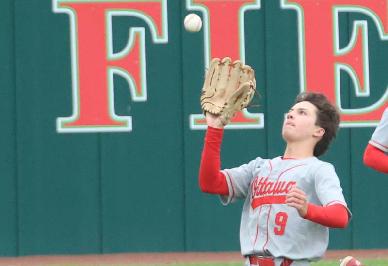 Ottawa's Aleixo Fernandez makes a catch in center field on Thursday, Apri 30, 2026 at Huby Sarver Field in the L-P Athletic Complex in La Salle.