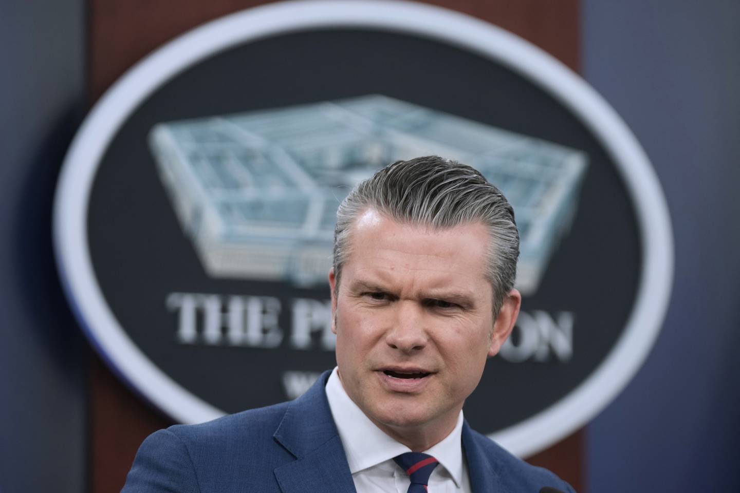 Defense Secretary Pete Hegseth speaks during a press briefing at the Pentagon, Monday, March 2, 2026, in Washington. (AP Photo/Mark Schiefelbein)