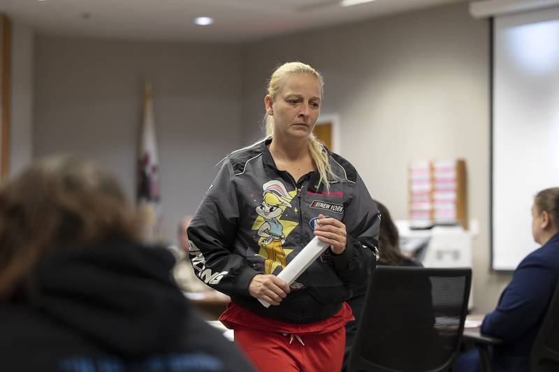 Faith Walker leaves the stand after reading her impact statement Thursday, Oct. 17, 2024, during the sentencing of convicted Western Apartments arsonist Steven Coleman. Walker’s daughter Shyla, 8, was killed along with Celina Serrano, 13 and Carrie A. (Hall) Hose.