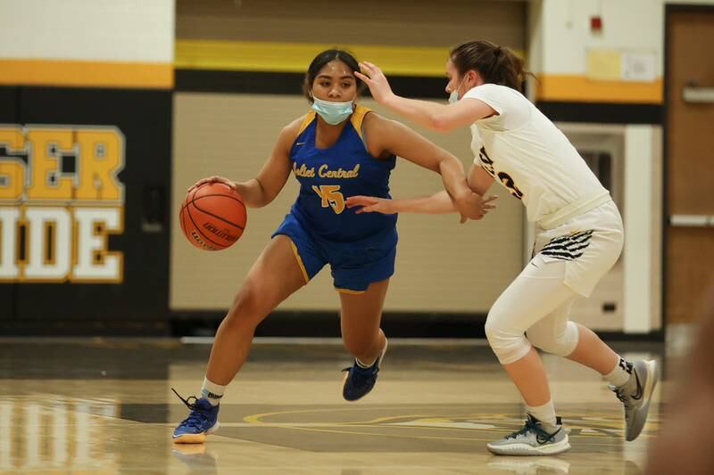 Joliet Central’s Lovely Tua-Link makes a move against Joliet West. Tuesday, Feb. 8, 2022, in Joliet.