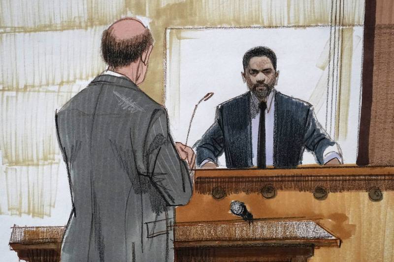 In this courtroom sketch, Special prosecutor Dan Webb, left, cross examines actor Jussie Smollett Tuesday, Dec. 7, 2021, in Chicago.