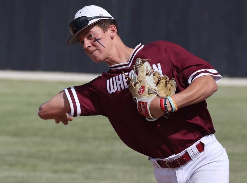 Wheaton Academy's Jakob Karlson throws to first for the out during their Class 3A sectional semifinal against Sycamore Wednesday, May 29, 2024, at the Sycamore Community Sports Complex.
