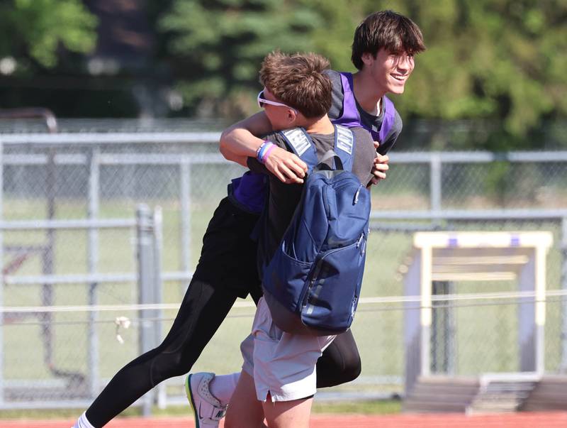 Rochelle’s Justin DeClerck celebrates after clearing the state qualifying height in the high jump Wednesday, May 20, 2026, during the Class 2A boys track sectional at Rochelle High School.