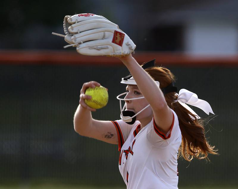 Crystal Lake Central’s Makayla Malone throws a pitch during a nonconference softball game against Harvard Monday, May 15, 2023, at Crystal Lake Central High School.