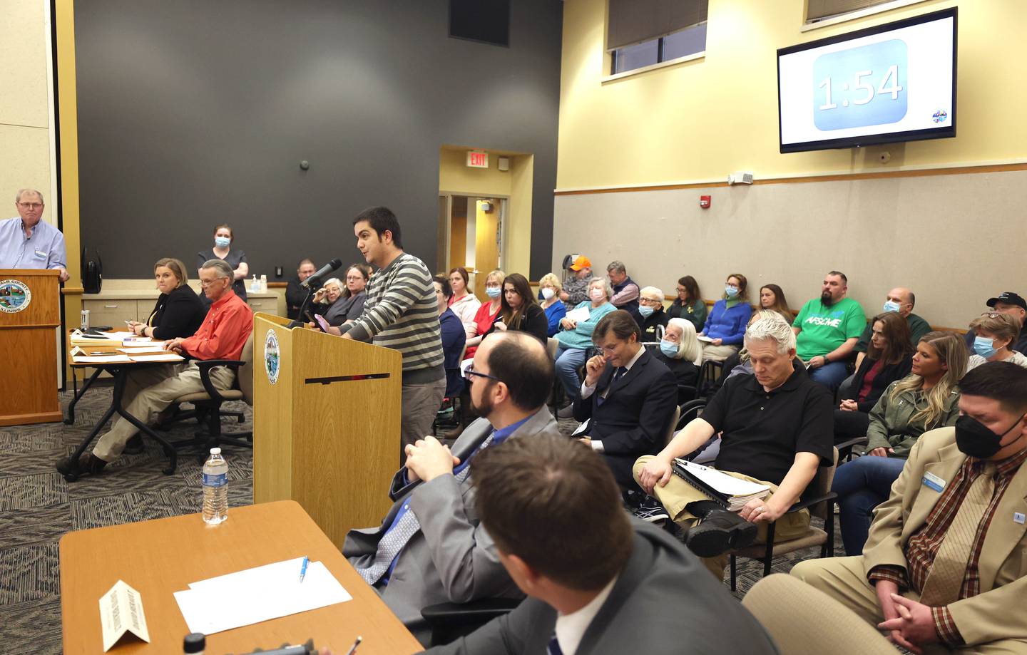 A large turnout, consisting of mostly residents and employees of the DeKalb County Rehabilitation and Nursing Center, listen to public comment at the DeKalb County Board meeting Wednesday, April 20, 2022, in the legislative center in Sycamore.  One of the items on the agenda was a vote on whether to sell the DeKalb County Rehabilitation and Nursing Center.