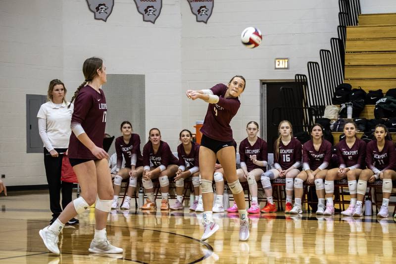 Lockport's Mikayla Marshall passes to a teammate during the 4A L-W Central Regional varsity volleyball game against Plainfield North at Lincoln-Way Central on Oct. 30, 2025.