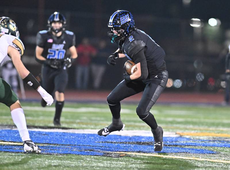 Lincoln-Way East's tight end Trey Zvonar (2) catches a pass during the IHSA Class 8A Quarterfinals game against Stevenson on Friday, Nov. 15, 2024, at Frankfort. (Dean Reid for Shaw Local News)