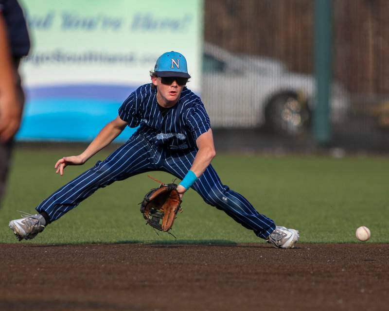 Nazareth's Landon Thome (25) fields a grounder to second during Class 3A Crestwood Supersectional game between Lindblom at Nazareth.  June 5, 2023.