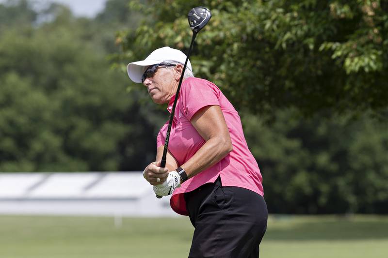 Jan Nissen of Kishwaukee tees off on #6 Friday, July 11, 2025, during the 102nd annual Ladies Lincoln Highway golf tournament at Timber Creek Golf Club in Dixon.