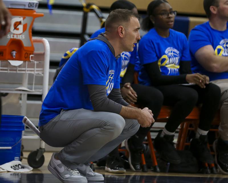 Oswego's head coach Nick Oraham looks on during their basketball game between Yorkville at Oswego, Feb 7, 2026 in Oswego.