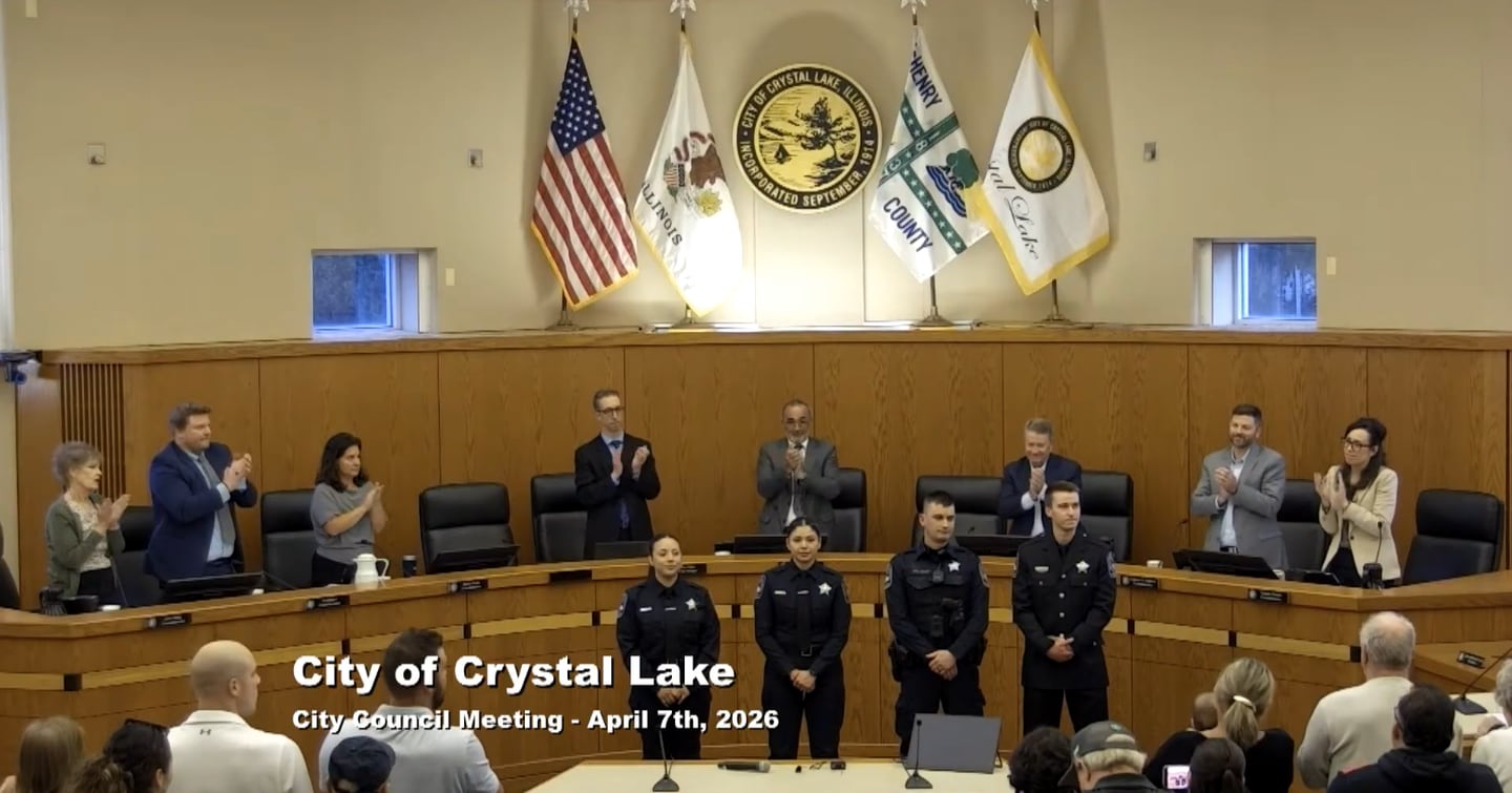 Crystal Lake Police Officers Campbell, Landeros, Miller and Reyes were honored on April 7, 2026, for their life-saving actions during a house fire earlier that year.