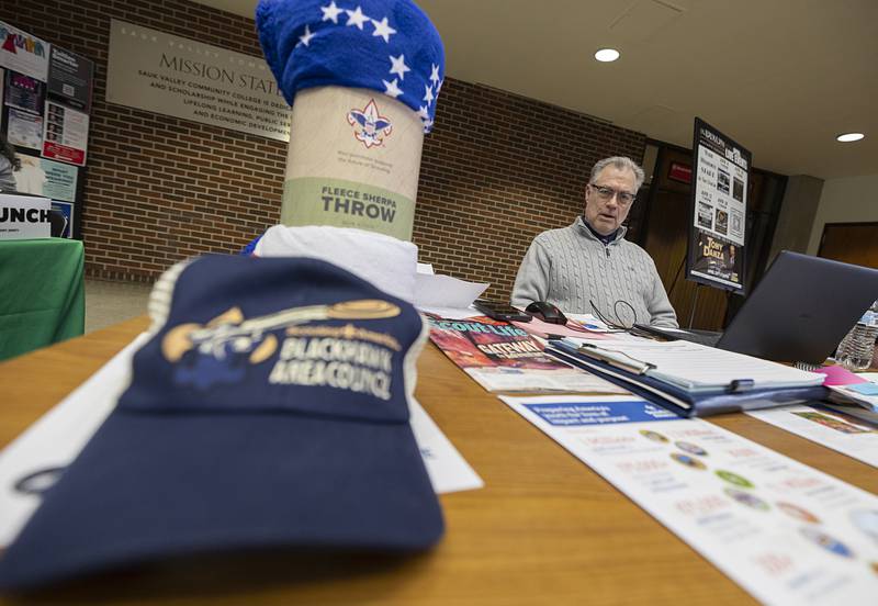 Brian Reinbold, Unite Growth Executive with the Blackhawk Area Council of Scouting America talks about volunteer options through the Scouts during the volunteer fair at SVCC.