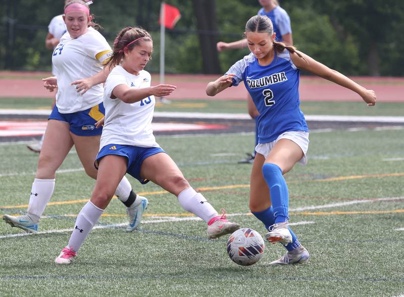 Johnsburg's Lauren McQuiston and Columbia's Reese Woelfel try to win possession Saturday, June 7, 2025, during the IHSA Class 1A state championship game at North Central College in Naperville.