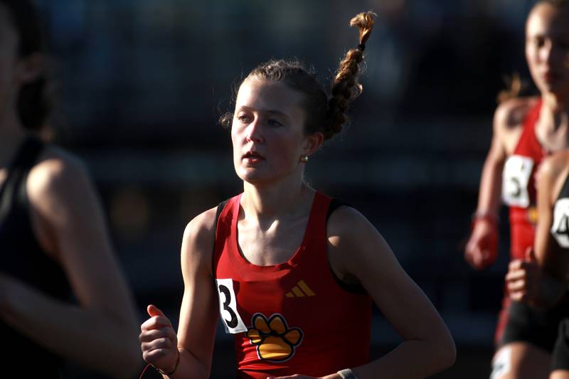 Batavia’s Avery Hacker competes in the 3200-meter run during the DuKane Conference Girls Outdoor Championship on Thursday, May 8, 2025 at Glenbard North in Carol Stream.