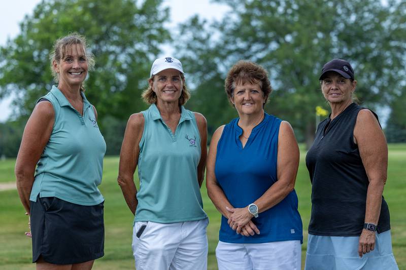 Kristen McClendon (from left), Julie Schmitt, Cheri Russell and Stephanie Arduini of the Championship Class pose for photo on Saturday, August 10, 2025 at the 66th annual Illinois Valley Women's Golf Tournament at Edgewood Golf Club in McNabb.