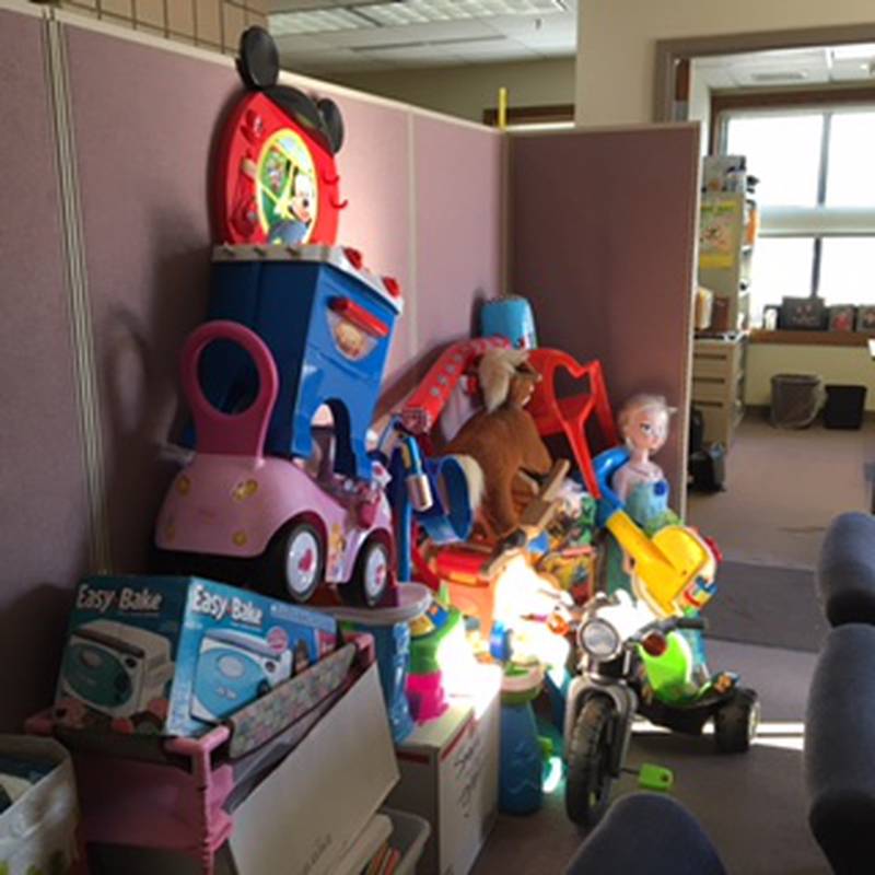 A collection of toys from past events.