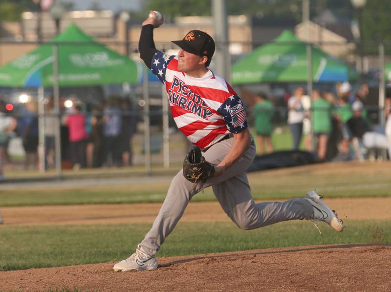 Illinois Valley Pistol Shrimp's David Andolina lets go of a pitch against the Normal Cornbelters during the Illinois Valley Pistol Shrimp baseball game at Schweickert Stadium on Tuesday, June 20, 2023 in Peru.