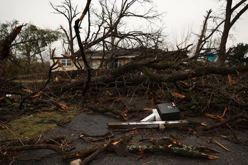 Damage is seen along Oakwood Drive in Aroma Park  on March 11, 2026 following a March 10 tornado that passed through Kankakee County.