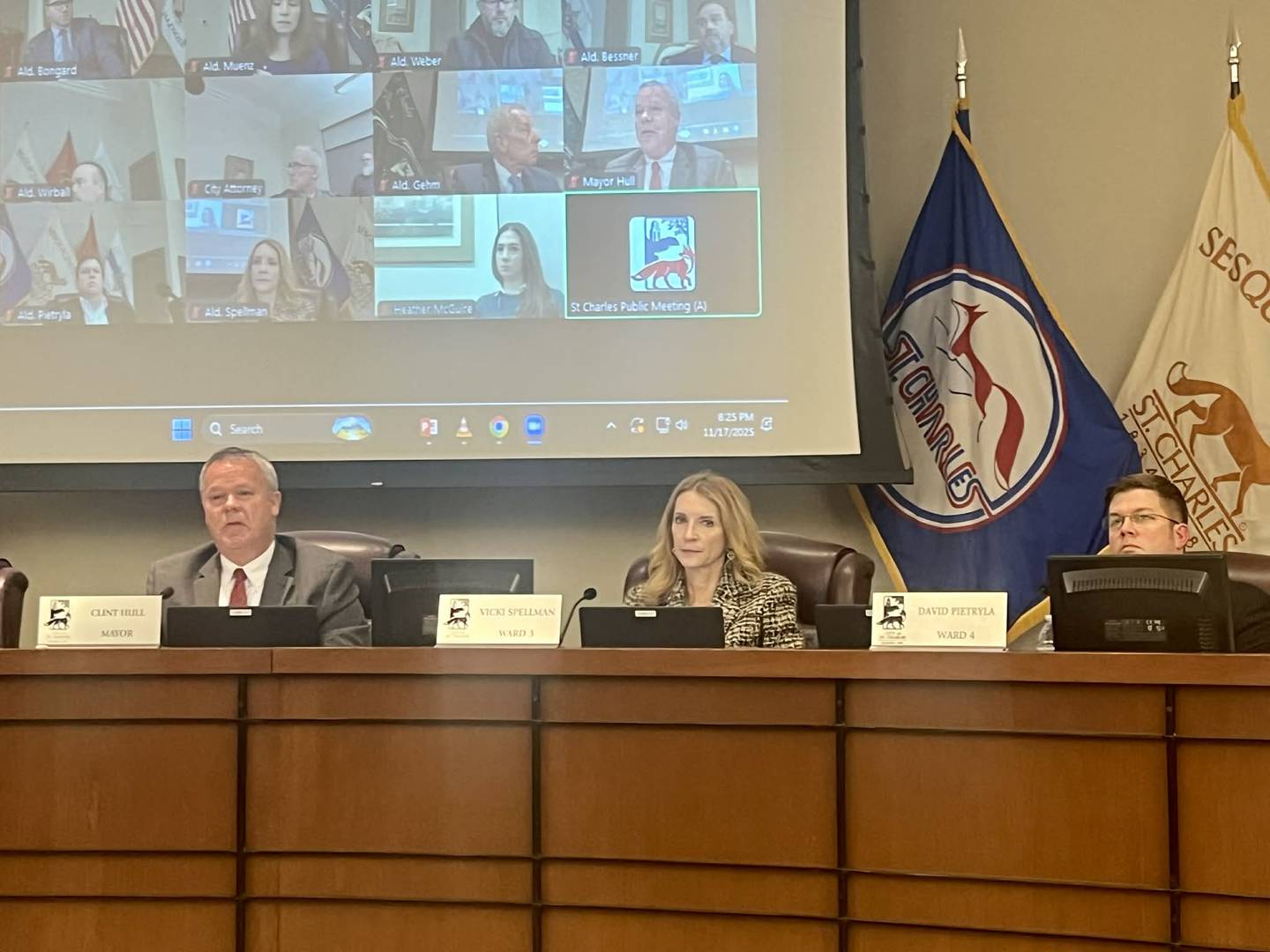 St. Charles Mayor Clint Hull urges a packed room of community members to remain respectful during the public comments on Nov. 18, 2025. One speaker who was praising ICE was recently booed by the crowd.