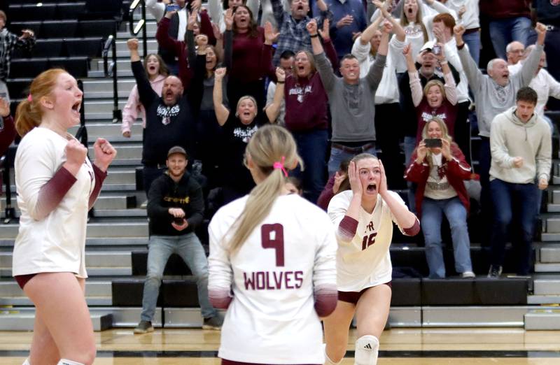 Prairie Ridge’s Wolves polish off a win against St. Viator in IHSA Class 3A Super-Sectional girls volleyball at Streamwood High School in Streamwood on Monday, November 10, 2025.