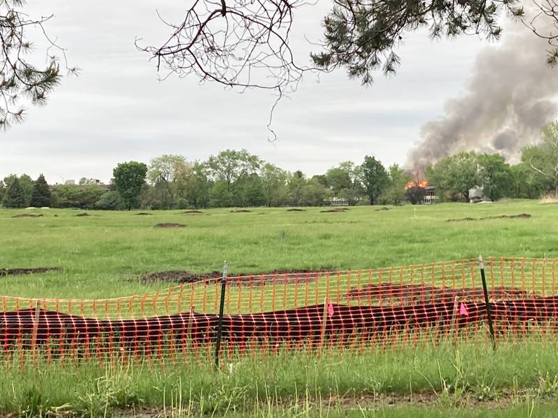 A building on the former Pheasant Run campus in St. Charles is on fire Saturday, May 21.